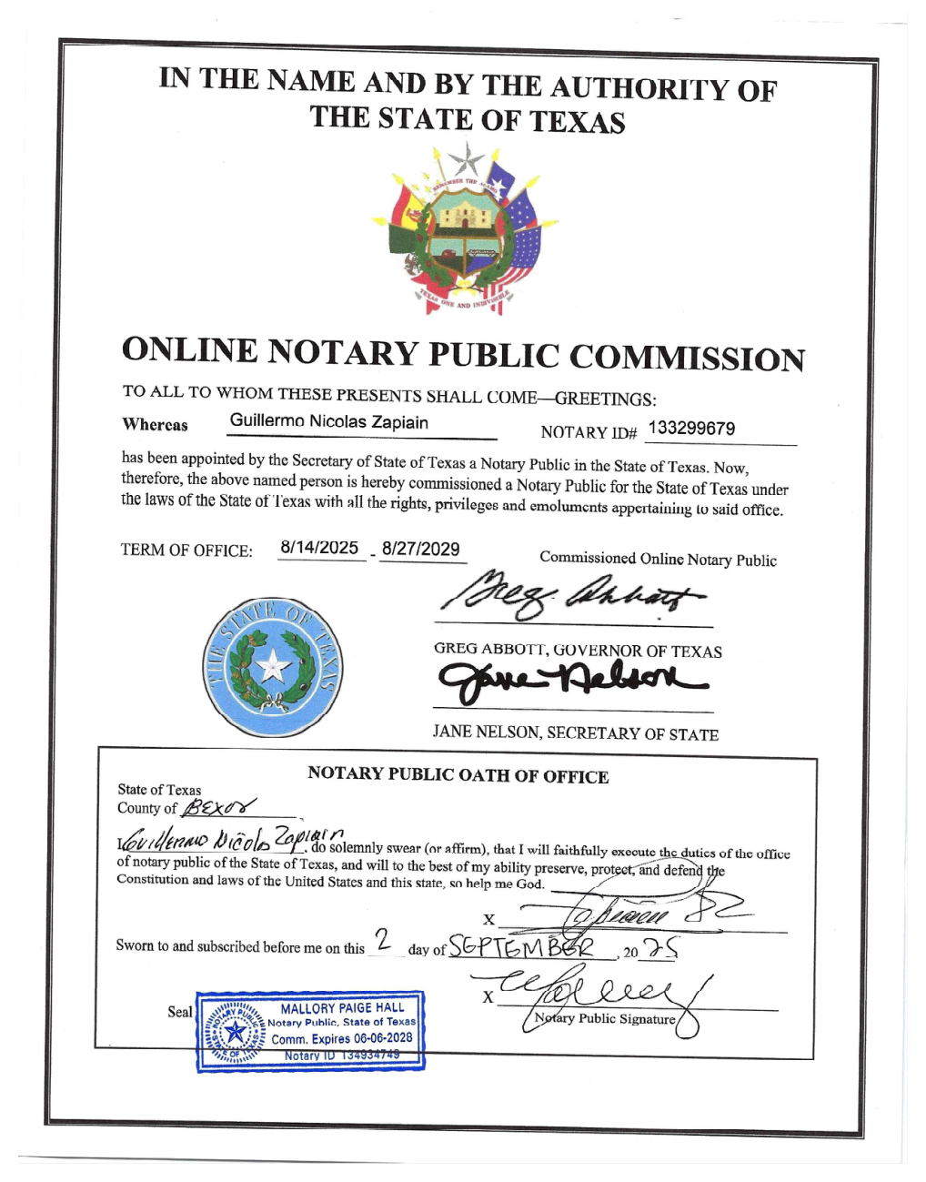 RON notary commission certificate