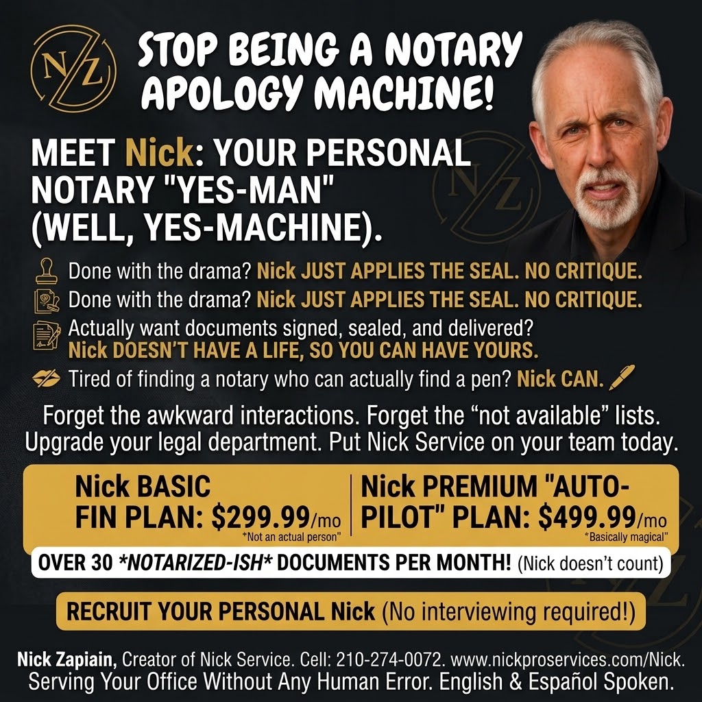 Humorous Nick notary service advertisement with Basic and Premium plans