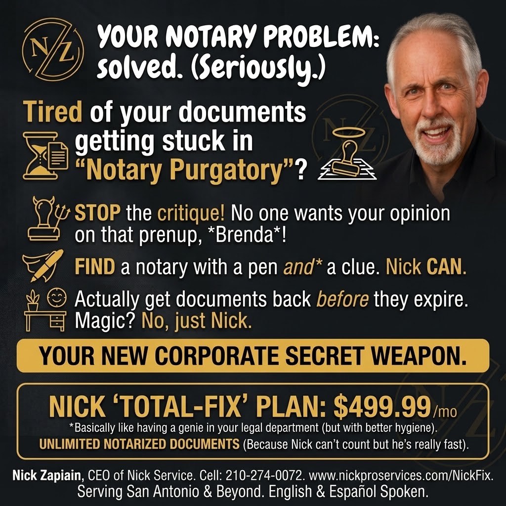 Humorous Nick notary service advertisement about getting documents notarized